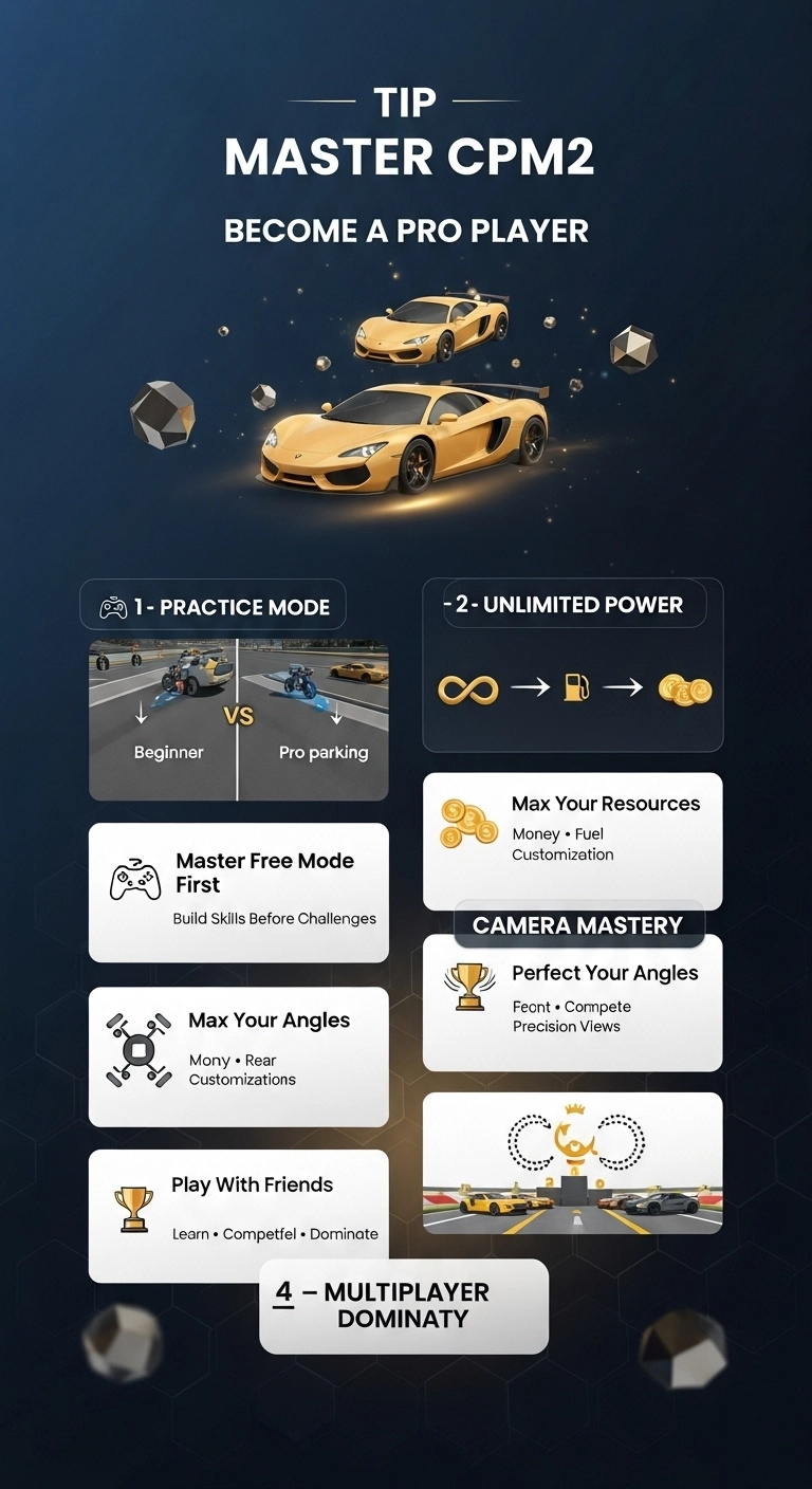 Start with Free Game Mode: Before jumping into challenges, you should spend time practicing in free mode. This will surely help you to refine your skills and greatly reduce the chances of accidental crashes.Upgrade Using Limited Resources: Take advantage of unlimited money, coins, fuel, and customization options to keep your car in top condition and improve its performance. This will help you a lot in becoming a pro player.Perfect your parking with camera angles: To learn perfect parking, you should switch between front and rear camera views and adjust angles for precise parking, especially in tight spaces.Play in Multiplayer Mode: Another best tip is to play in multiplayer mode with your friends or online, so invite friends to join you in multiplayer mode. It’s not only fun but also helps you learn from different driving styles.